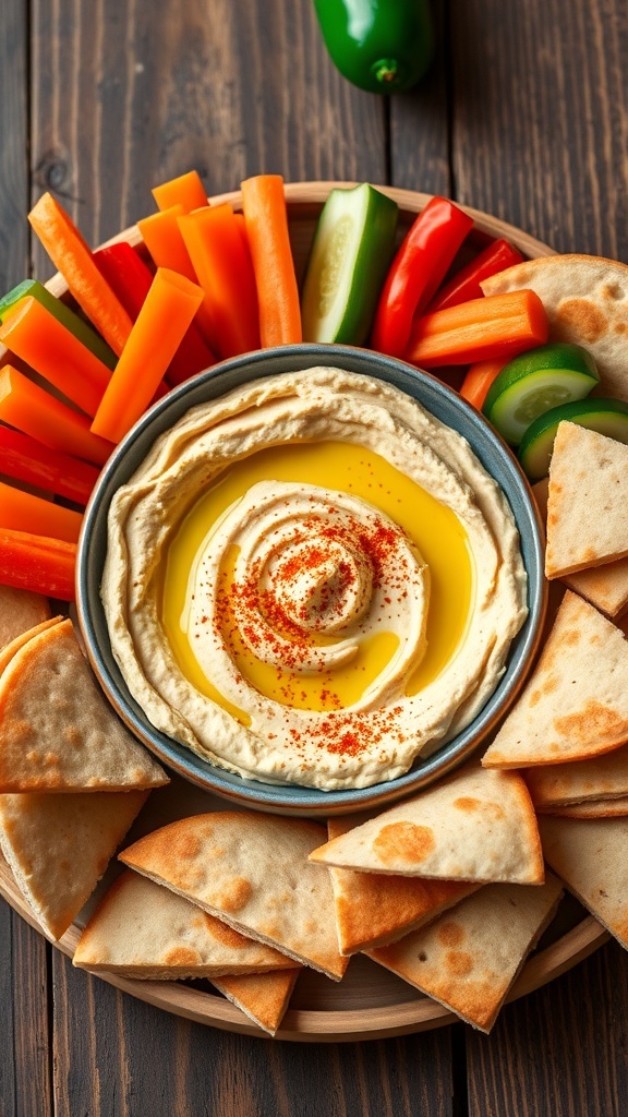 A bowl of toasted hummus with olive oil and paprika, served with fresh vegetables and pita bread.